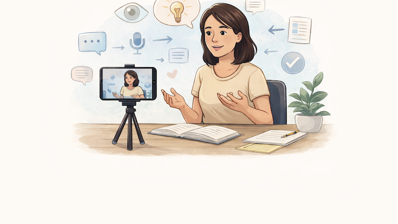 Woman recording herself on a smartphone to observe and improve communication skills