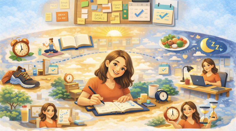 Illustration showing a calm daily routine and time blocks representing how to master your 24 hours every day