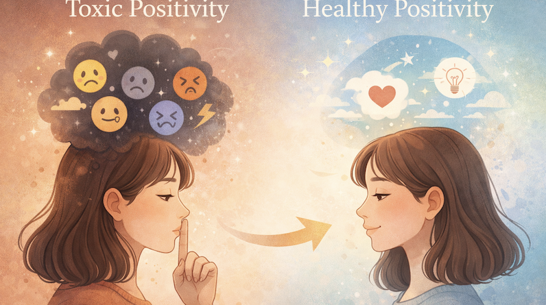 Illustration representing emotional growth from toxic positivity to healthy, realistic positivity