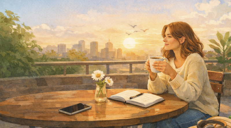 Woman enjoying a quiet moment alone at an outdoor café, journaling with a cup of coffee during sunset
