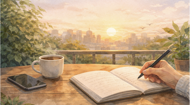 Person journaling at a wooden table during sunrise with a cup of coffee and city view, reflecting in a calm setting